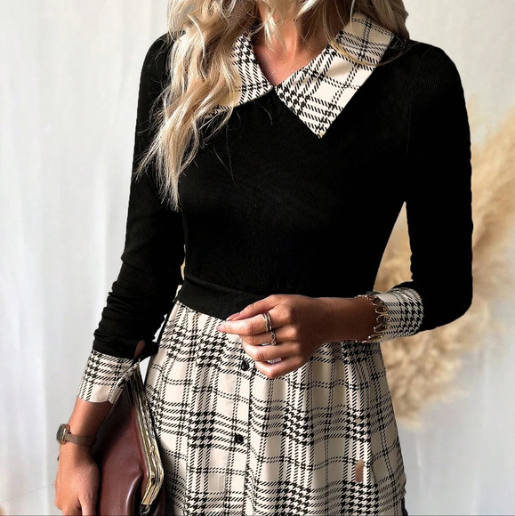 Plaid Print Contrast Collar 2 In 1 Tee - Picture 1 of 5